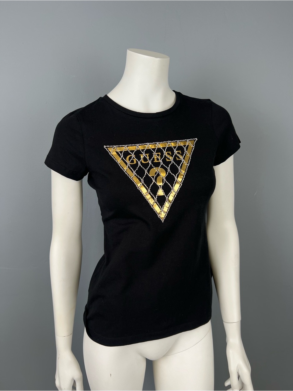 GUESS Black Short Sleeve Tee with Gold Triangle and Glitter Chain Logo